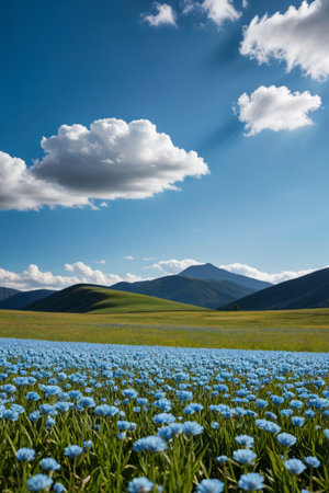 A sea of blue flowers blooming on the grasslandの素材