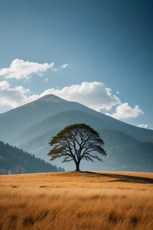 Lonely trees in the wilderness and distant mountain sceneryの素材