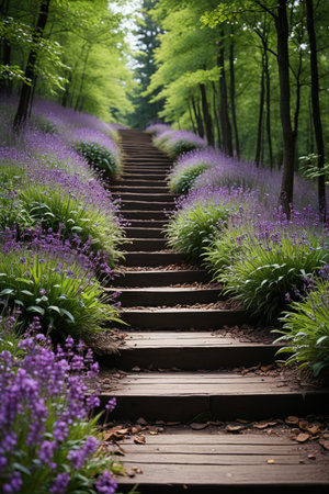 Wooden steps among forest flowersの素材