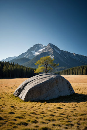 Lone trees beside huge rocks in the grassland and distant mountain sceneryの素材