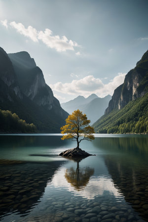 Lonely trees and landscape scenery in the middle of the lakeの素材