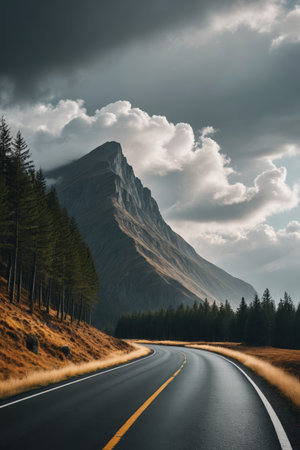 Mountain roads and towering mountain landscapesの素材