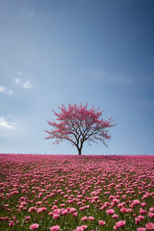A tree in bloom in a sea of pink flowersの素材