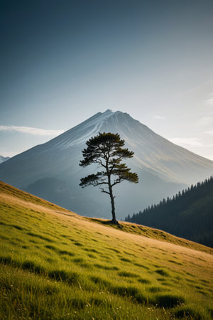 Lonely trees on the hillside and distant mountain sceneryの素材