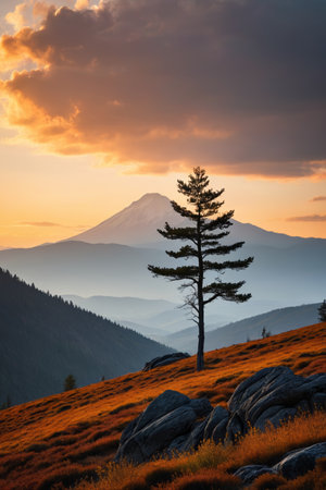 Lone trees and distant mountain scenery at sunsetの素材