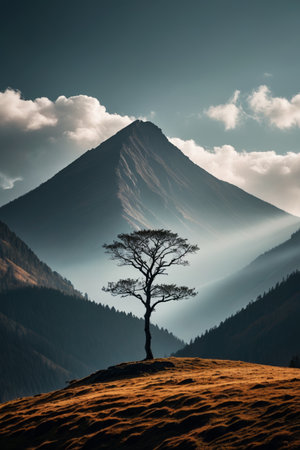 Lonely trees in the mountains and distant mountain cloud landscapeの素材