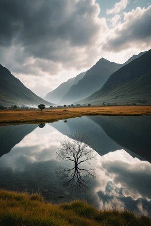 Calm lake and lonely tree scenery among mountains and riversの素材