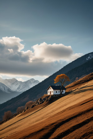 Mountain cabin and lonely tree sceneryの素材