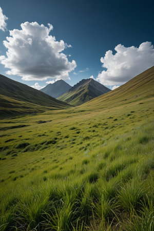Outdoor grasslands and distant mountain sceneryの素材