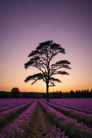 Lavender fields and lonely trees at duskの素材