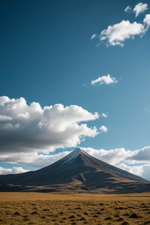 Towering mountain under blue sky and white cloudsの素材