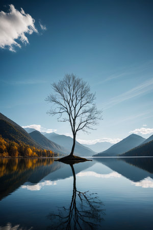 Natural scenery of a single tree on a small island in the lakeの素材