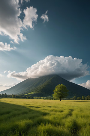 The natural scenery of isolated trees on the grassland and distant mountainsの素材
