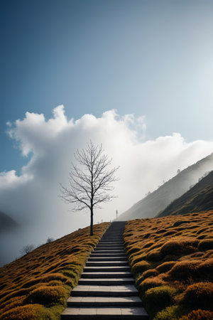 Mountain trails and lonely tree sceneryの素材