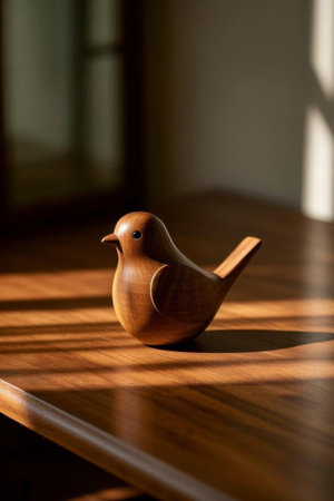 Wooden bird ornaments placed on indoor tabletopの素材