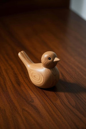 Wooden bird toys placed on wooden tableの素材