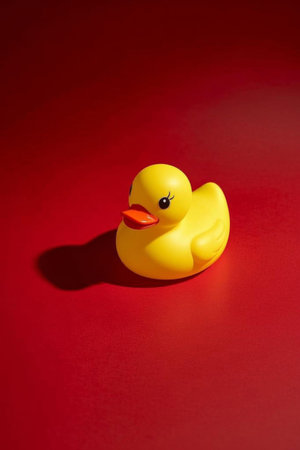 Yellow rubber duck on red backgroundの素材