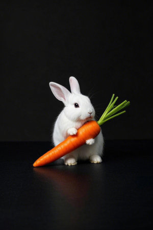 Close up of a white rabbit holding a carrotの素材