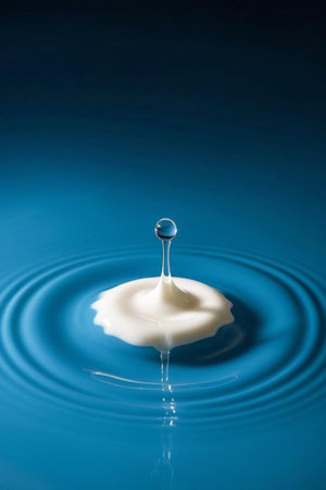 Milk drops fall into the blue backgroundの素材