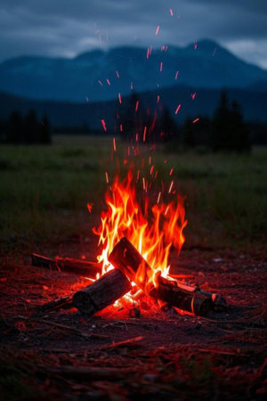 Wild bonfires and distant mountain backgroundsの素材
