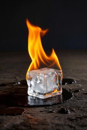 Clear ice cubes in a burning flameの素材