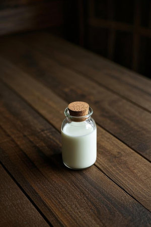 Milk in bottles glass on wooden tabletopの素材
