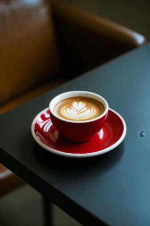 Lava coffee in a red cup and saucerの素材