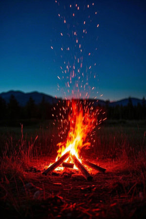 Outdoor night bonfire and distant mountain sceneryの素材