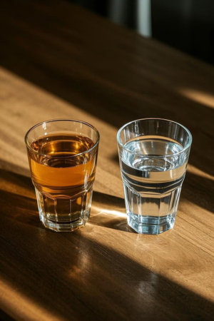 Drinks and water glasses on wooden tableの素材
