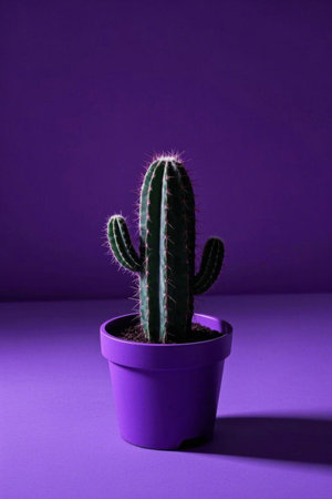 Potted cactus on purple backgroundの素材
