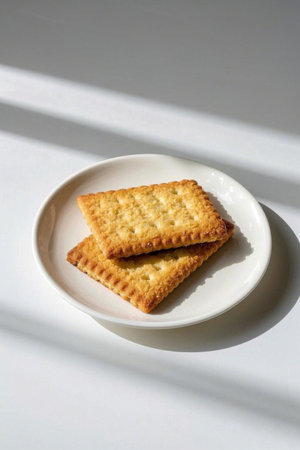 Two square cookies on a white plateの素材
