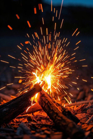 Sparkling flames from burning firewood outdoorsの素材