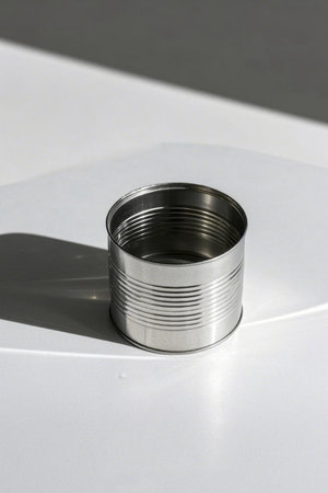 Close up of a metal can on white backgroundの素材