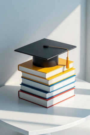 Bachelor's cap graduation materials on the pile of booksの素材