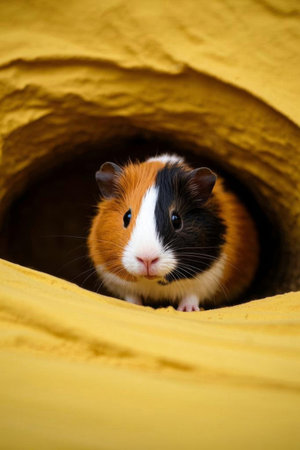 Tricolor guinea pig emerges from caveの素材
