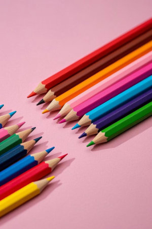 Colored pencils on pink backgroundの素材