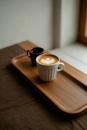 Coffee and small drinks on wooden trayの素材