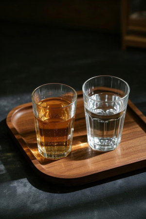 Drink in glass with water on wooden trayの素材