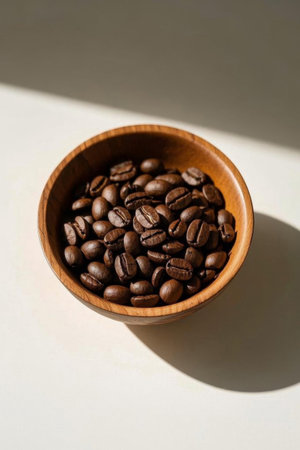 Coffee beans in a wooden bowlの素材