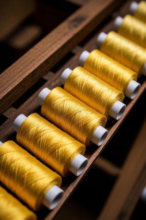 Golden sewing thread spool on wooden frameの素材