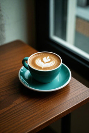 Lava coffee on a wooden table by the windowの素材