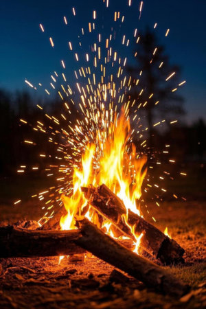 Outdoor bonfire scene with wood burningの素材