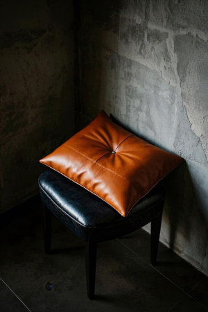 Black seats with brown leather cushions at the cornersの素材
