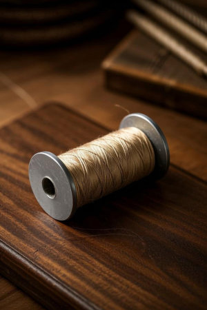 Close up of a spool on a wooden tabletopの素材