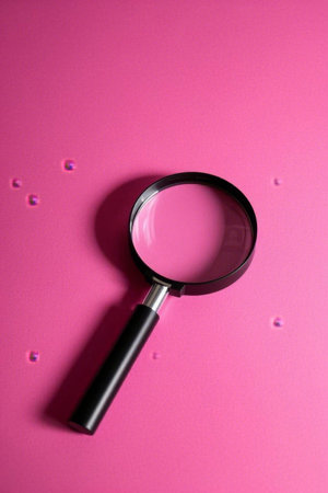 Close up of magnifying glass on pink backgroundの素材
