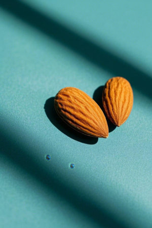 Close up of almond on blue backgroundの素材