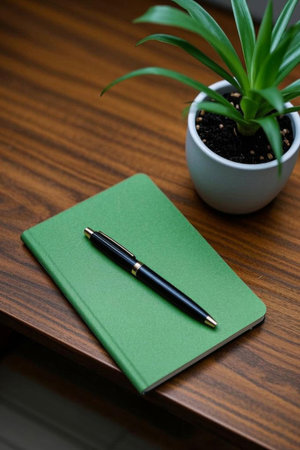 Green notebook and pen on wooden tableの素材
