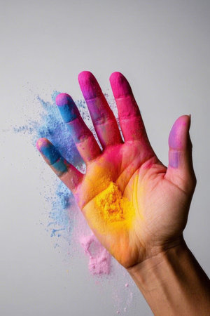 Close up of palm covered with colored powderの素材