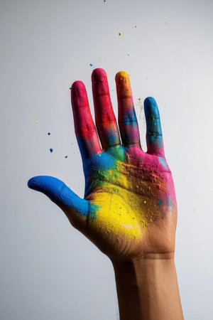 Close up of palm with colored powder applicationの素材