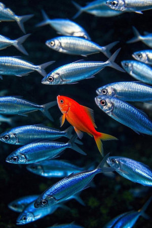 A sight of a single redfish among the underwater fishの素材